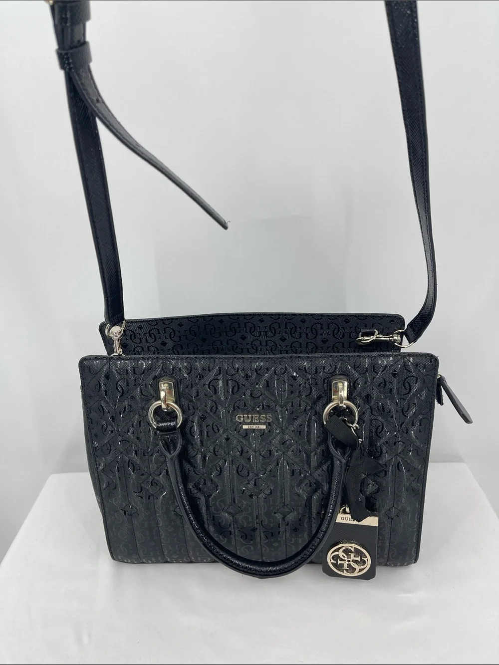 GUESS Black Embossed Satchel with Gold Accents PURSE/SHOULDER BAG